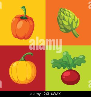 Four vegetables in a vibrant grid layout Stock Vector