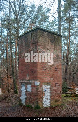 Old railway ventilation shaft tower build for steam locomotives on top of the Heiligenberg Tunnel in Palatinate Forest, Germany Stock Photo