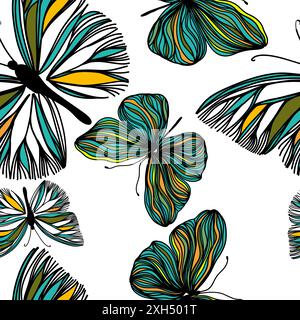Vector pattern with high detailed tropic butterfly. Seamless pattern of yellow and blue butterflies. hand drawing . Not AI. Vector illustration Stock Vector
