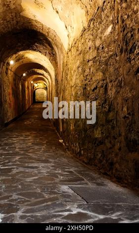 Vaulted tunnel with concrete walls in an old abandoned bunker, subway, etc. Dark corridor of an old abandoned underground bunker. Stock Photo