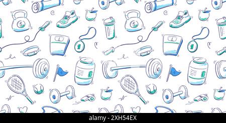 Doodle gym sketch health seamless pattern background. Hand drawn sketch doodle healthy sport, gym fit exercise equipment background. Seamless pattern tennis ball, bottle, dumbbell. Vector illustration Stock Vector