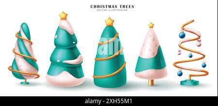 Christmas trees vector set design. Elegant green christmas tree in cone and spiral shape with xmas balls and stars ornaments isolated in white Stock Vector