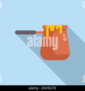 Minimalist flat vector illustration of a traditional turkish cezve coffee pot with dripping honey, isolated on blue background Stock Vector