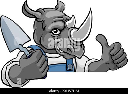 Rhino Bricklayer Builder Holding Trowel Tool Stock Vector
