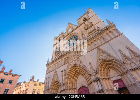 Low Angle View of the Cathedral, Gothic Building in Vieux Lyon, France Stock Photo