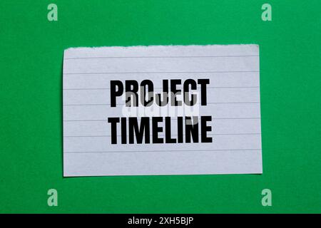 Project timeline message written on ripped torn paper piece with green background. Conceptual project timeline symbol. Copy space. Stock Photo