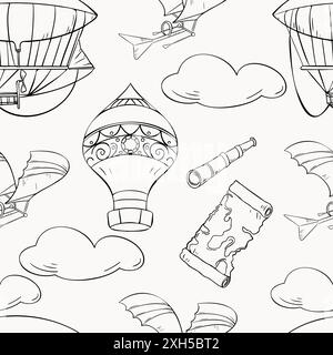 Vector seamless pattern with black white retro airships. Endless monochrome background with contour of aerostat in cloudy sky hand drawn ink. Vintage Stock Vector