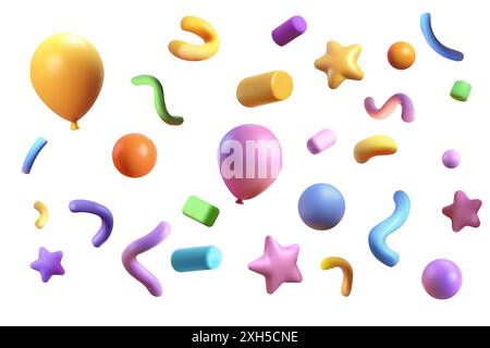 Confetti party clapper 3d vector, shapes. Birthday or carnival fireworks or popper paper streamers, star and elements for greeting design. Multicolore Stock Vector