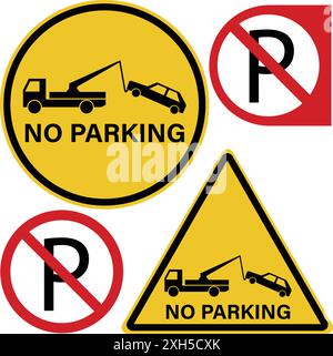 Attention forbidden no parking zone sign Tow car truck service and warning to evacuator dragged area Vector traffic towing icon Beware caution Stock Vector