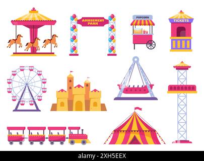 Amusement park icons. Vector carnival circus tent, ferris wheel, roller coaster, carousel and popcorn booth, tickets box, balloon. Vector Stock Vector