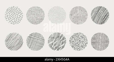 Textures set, collection hand drawn abstract monochrome brush marks. Doodle shapes spots, drops, curves and lines. Contemporary modern trendy. Vector illustration Stock Vector