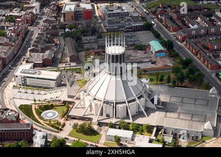 Liverpool Metropolitan Roman Catholic Cathedral of Christ the King, Merseyside, England. Aerial. Stock Photo