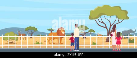 Family in zoo. Kids walking in park with parents. African animals. Elephant, giraffe, camel, cheetah, lion, flamingo, vulture, monkey on territory of Stock Vector