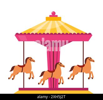 Carousel merry go round with horses. Amusement carnival park, fair entertainment and family recreation vintage object. Vector illustration Stock Vector
