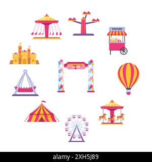 Amusement park icons. Vector carnival circus tent, ferris wheel, roller coaster, carousel and popcorn booth, tickets box, balloon. Vector Stock Vector