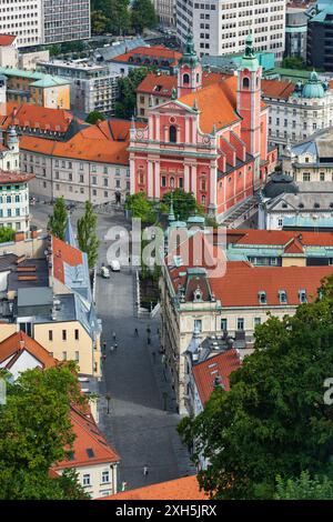 City of Ljubljana in Slovenia, view above Preseren Square, Franciscan Church of the Annunciation and Triple Bridge. Stock Photo