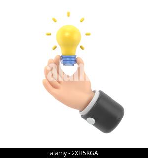 Cartoon Gesture Icon Mockup.3d icon hand holding light bulb gesture. cartoon great idea concept, 3D rendering on white background. Stock Photo