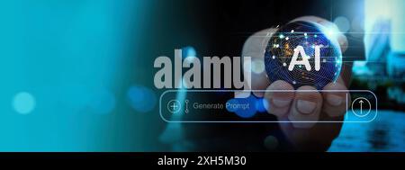 AI Technology Concept with Hand Holding Digital Globe Stock Photo