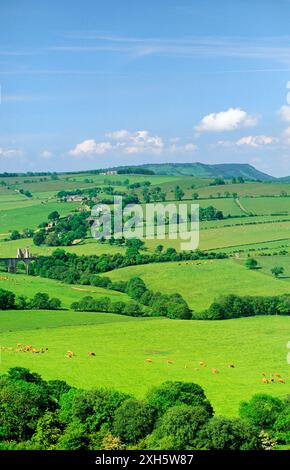 Southwest over Edlingham Castle, near Alnwick, Northumberland, England, toward Long Crag. Summeredlingham Stock Photo