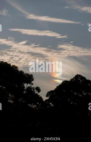 Sundog or parhelion - mini rainbow when cold weather brings ice crystals into high, cold cirrus clouds. Light refracted, Queensland Australia, winter. Stock Photo