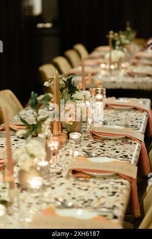 Close-up of an elegant dining table set for a birthday celebration. Stock Photo