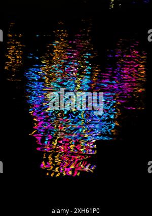 Colorful abstract reflections from fireworks on water at night Stock Photo