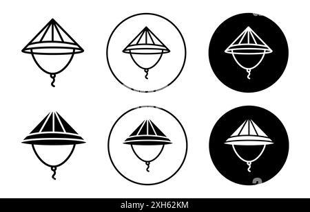 bamboo hat icon Vector symbol or sign set collection in black and white outline Stock Vector