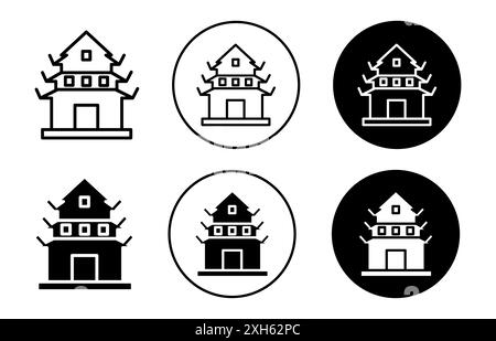 buddhist temple icon Vector symbol or sign set collection in black and white outline Stock Vector