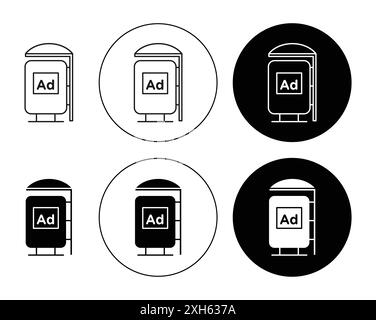 Bus stop shelter ad icon Vector symbol or sign set collection in black and white outline Stock Vector
