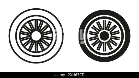 car hubcap icon Vector symbol or sign set collection in black and white outline Stock Vector
