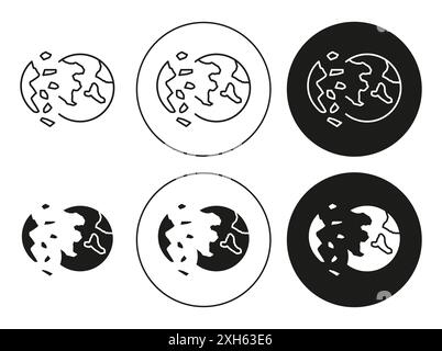 Destroyed planet icon Vector symbol or sign set collection in black and white outline Stock Vector