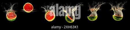 Fresh melon falling in water with splash on black background. Stock Photo
