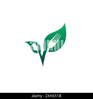 Healthy food logo design with a combination of cutlery and herbal leaves. Cutlery Icon Stock Vector