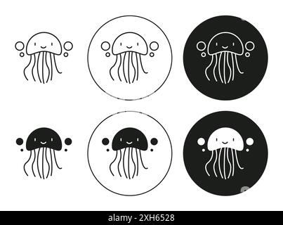 Jellyfish icon Vector symbol or sign set collection in black and white outline Stock Vector