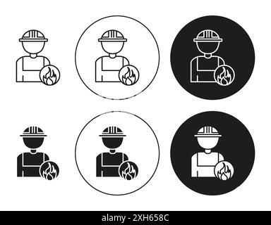 Firefighter icon Vector symbol or sign set collection in black and white outline Stock Vector