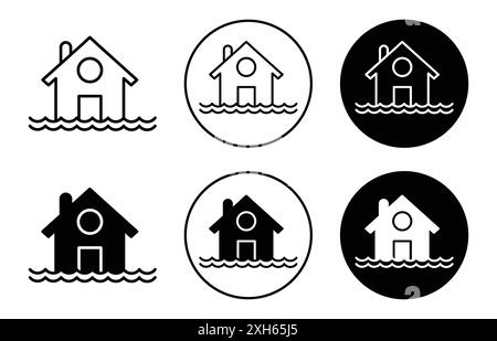 flooded house icon Vector symbol or sign set collection in black and white outline Stock Vector