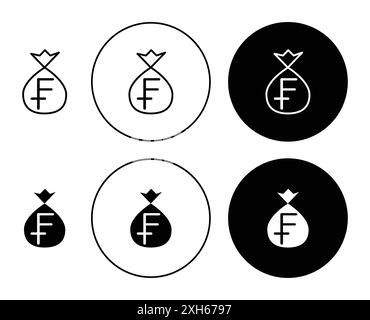 Swiss franc currency icon Vector symbol or sign set collection in black and white outline Stock Vector