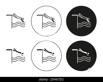 swimmer jumping icon Vector symbol or sign set collection in black and white outline Stock Vector