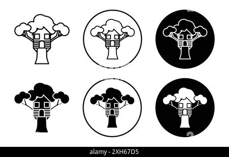 Tree house icon Vector symbol or sign set collection in black and white outline Stock Vector