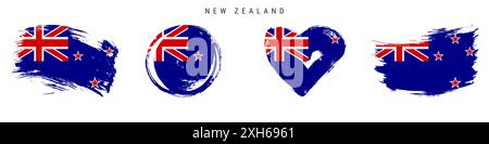 New Zealand hand drawn grunge style flag icon set. Kiwi banner in official colors. Free brush stroke shape, circle and heart-shaped. Flat illustration Stock Photo