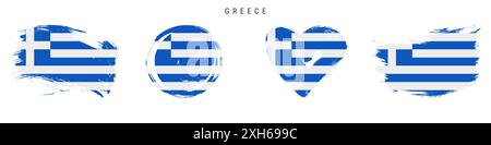 Greece hand drawn grunge style flag icon set. Greek banner in official colors. Free brush stroke shape, circle and heart-shaped. Flat illustration iso Stock Photo