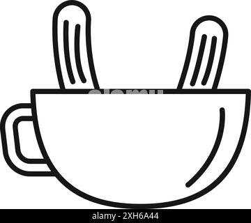 Line art icon of two churros dipped in a cup of thick spanish hot chocolate Stock Vector