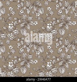 Raspberry seamless pattern. Vector drawing. Isolated sketch of berries and leaves in engraving style. Detailed line sketch, hand drawn. The background Stock Vector