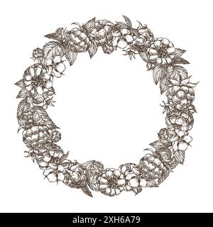 Sketch of a raspberry wreath. Round frame of years, flowers, branches and leaves on a white background. Vector, linear illustration in the style of an Stock Vector