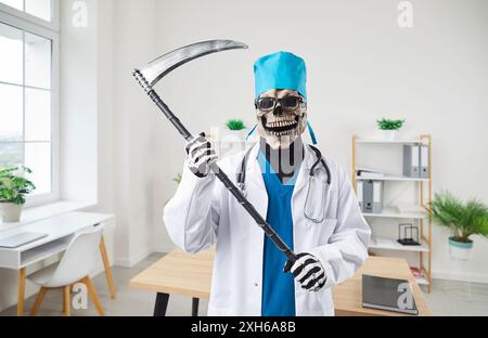 Doctor in Halloween grim reaper death costume standing in office and looking at camera in clinic. Stock Photo