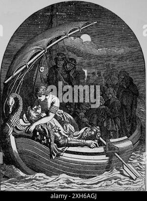 Arthurian legend. The funeral of King Arthur. Engraving, 19th century. Stock Photo