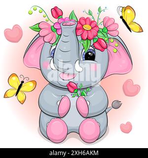 Cute cartoon elephant with flower wreath and butterflies. Vector illustration of an animal on a pink background with hear Stock Vector