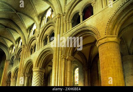 Durham Cathedral interior showing massive medieval stone columns and arches of the nave. County Durham, England. Stock Photo