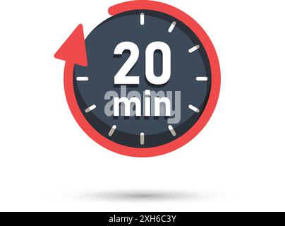 20 minutes on stopwatch icon in flat style. Clock face timer vector illustration on isolated background. Countdown sign business concept. Stock Vector