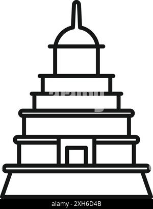 Tall building with many levels and a spire is depicted in a simple, line art style Stock Vector